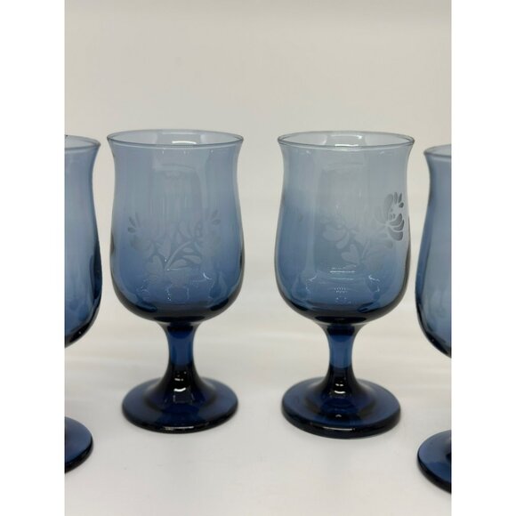 VTG Set 4 Pfaltzgraff Yorktowne Etched Cobalt Blue Stemmed Goblet Glasses 5.5" - Picture 3 of 6